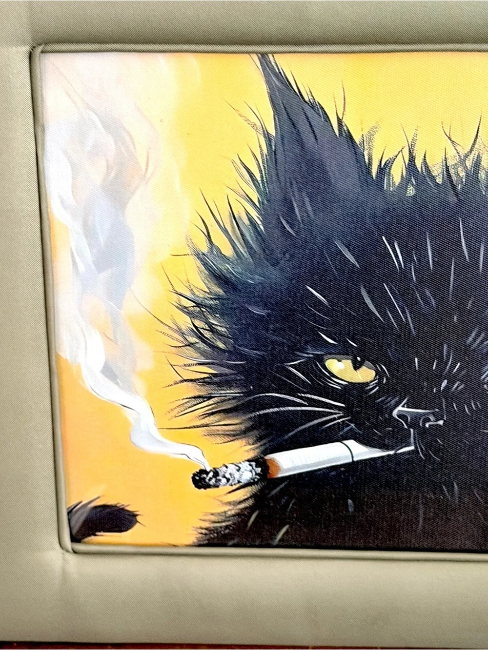 Disheveled Black Cat Smoking a Cigarette Olive Fabric Framed Canvas Art Print
